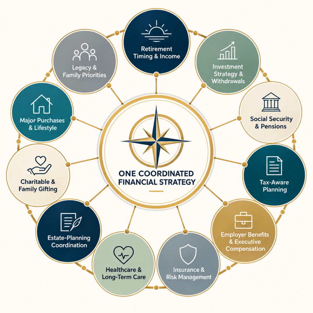 Diagram of one coordinated financial strategy connecting retirement income, investments, taxes, Social Security, estate planning, insurance and family priorities